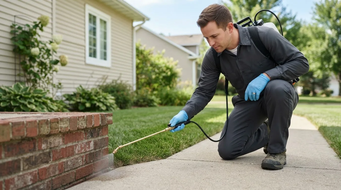 Pest control technician treating a home near Minco, OK