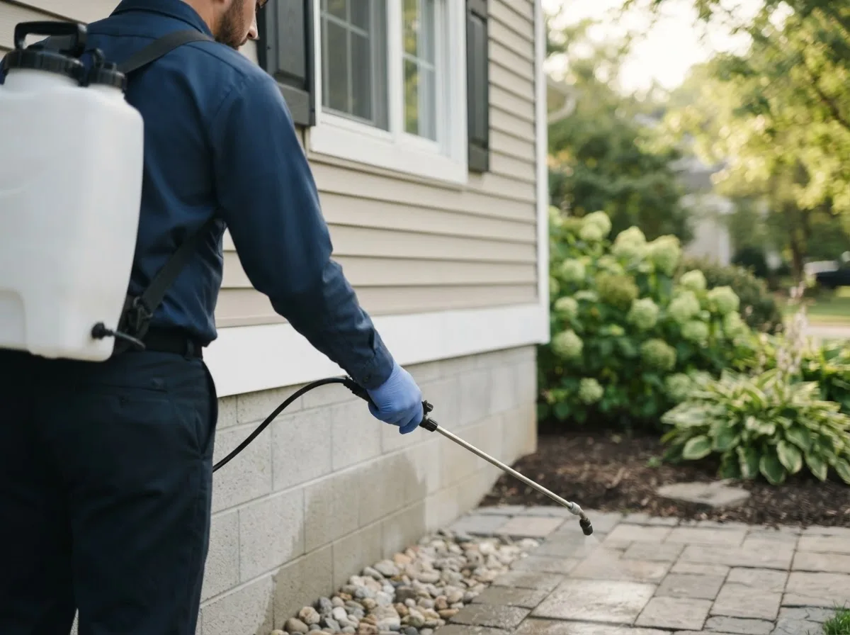 Pest control technician inspecting a home in Minco, OK